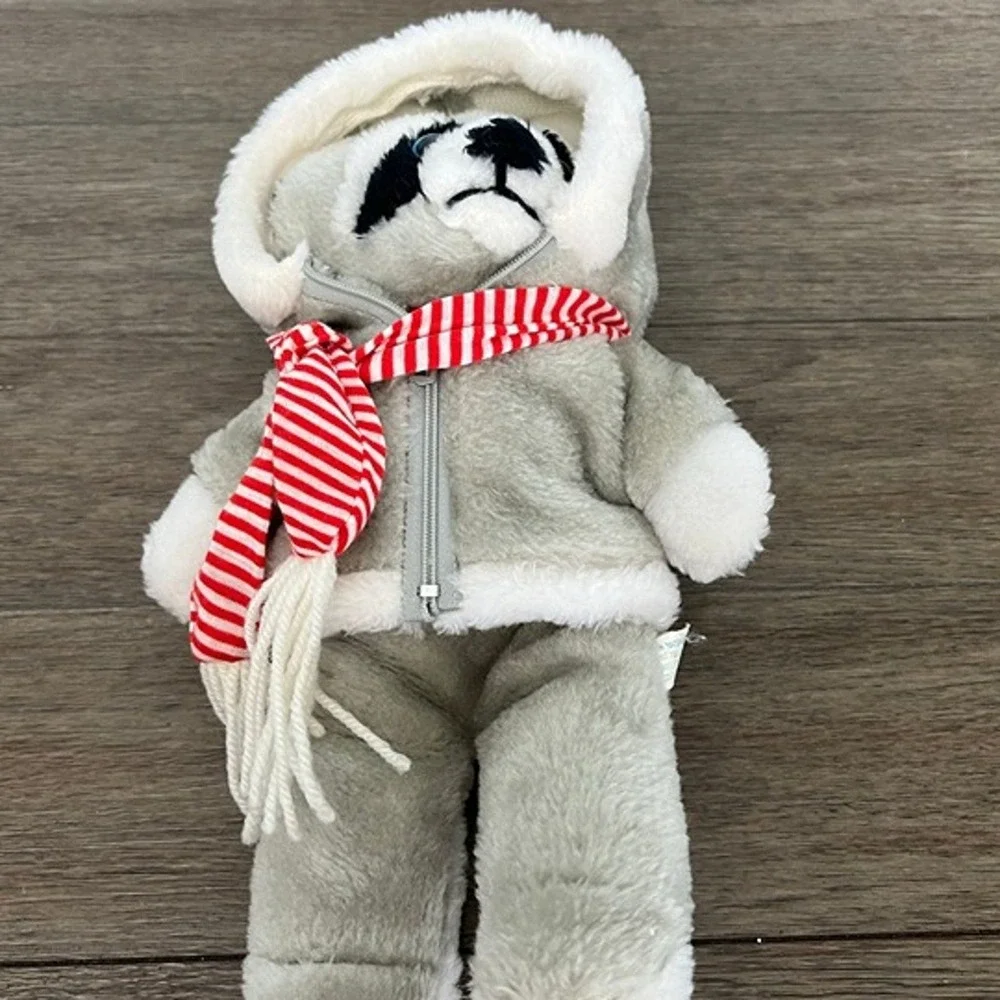 Vintage 1983 Grey Raccoon with Coat & Red/ White Striped Scarf Plush‎